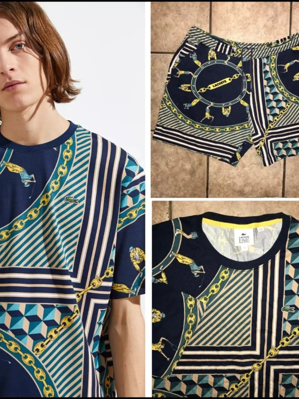 Men's Vintage Lacoste Live Scarf Shirt & Shorts Set-Golf, Tennis, Chains-Size 2X